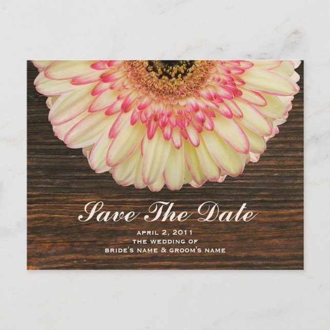 Gerbera Daisy & Barnwood Save The Date Postcard (Front)