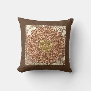 Gerbera Daisy Block Print - brown and tan Cushion