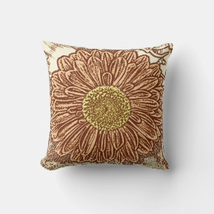 Gerbera Daisy Block Print - brown and tan Cushion