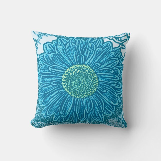 Gerbera Daisy Block Print - cerulean blue Cushion (Front)