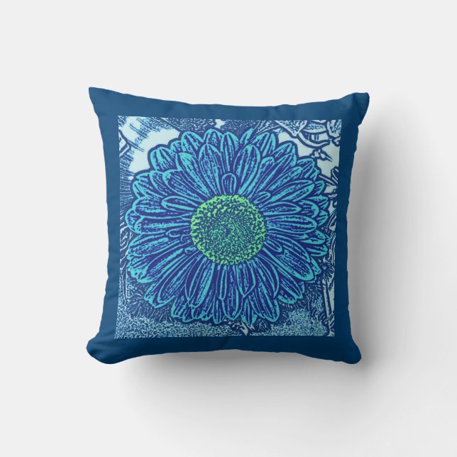 Gerbera Daisy Block Print, Cerulean & Indigo Blue Cushion (Front)