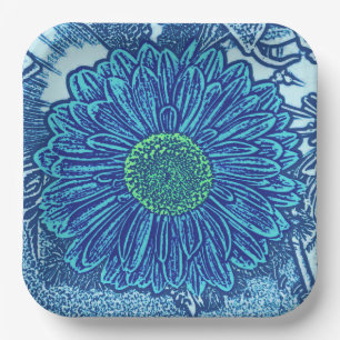 Gerbera Daisy Block Print, Cerulean & Indigo Blue Paper Plate