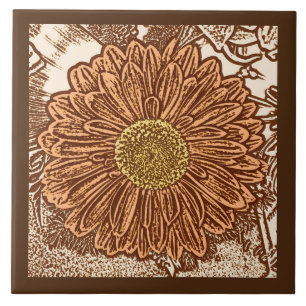 Gerbera Daisy Block Print, Chocolate Brown and Tan Ceramic Tile