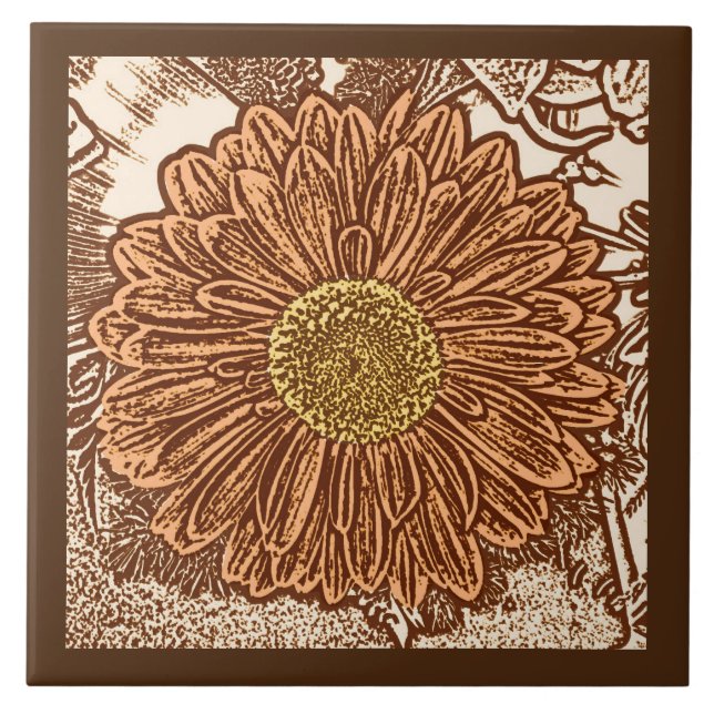 Gerbera Daisy Block Print, Chocolate Brown and Tan Ceramic Tile (Front)