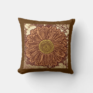 Gerbera Daisy Block Print, Chocolate Brown and Tan Cushion