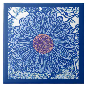 Gerbera Daisy Block Print, Cobalt and Sky Blue Ceramic Tile
