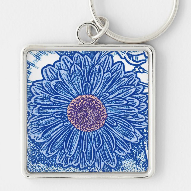 Gerbera Daisy Block Print - cobalt blue Key Ring (Front)