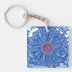 Gerbera Daisy Block Print - cobalt blue Key Ring