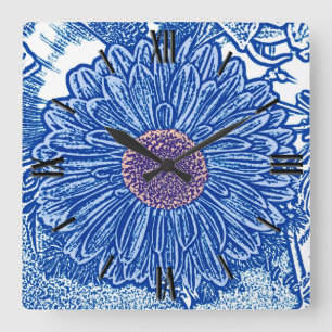 Gerbera Daisy Block Print - cobalt blue Square Wall Clock