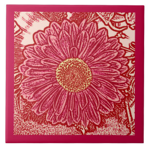 Gerbera Daisy Block Print, Coral and Peach Ceramic Tile