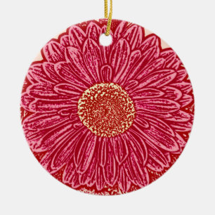 Gerbera Daisy Block Print - coral and pink Ceramic Ornament