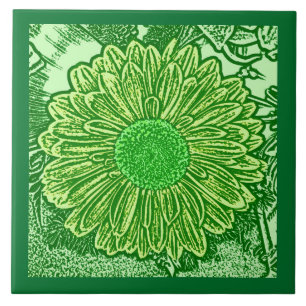 Gerbera Daisy Block Print, Emerald and Lime Green Ceramic Tile