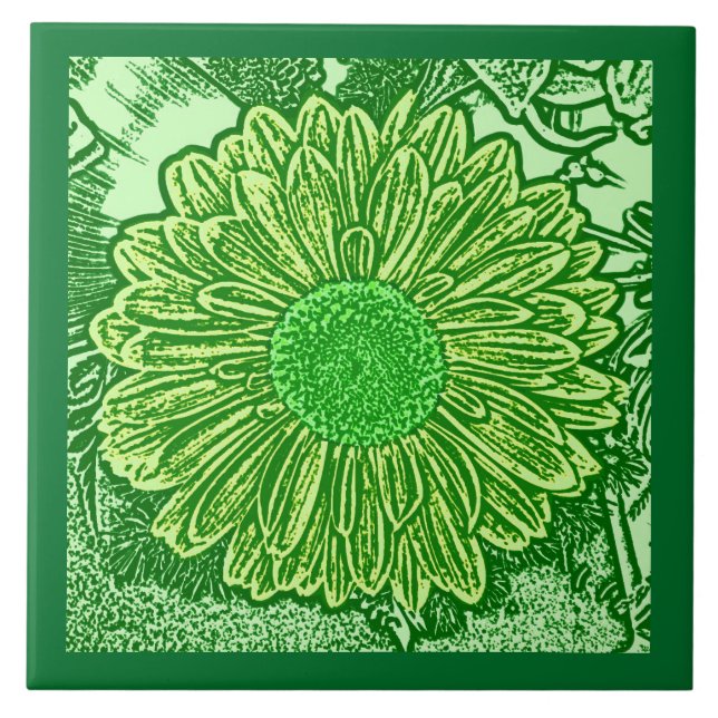 Gerbera Daisy Block Print, Emerald and Lime Green Ceramic Tile (Front)