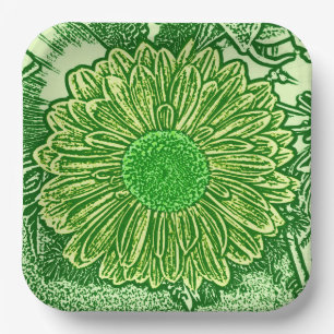 Gerbera Daisy Block Print, Emerald & Lime Green Paper Plate