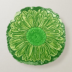 Gerbera Daisy Block Print, Emerald & Lime Green Round Cushion