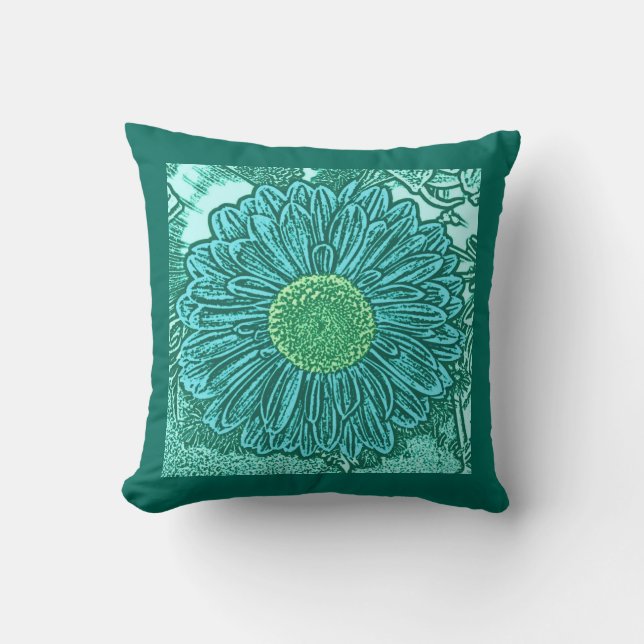 Gerbera Daisy Block Print, Light Aqua & Turquoise Cushion (Front)