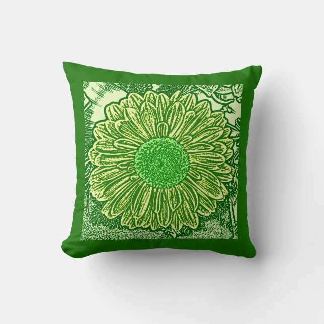 Gerbera Daisy Block Print - lime green Cushion (Front)