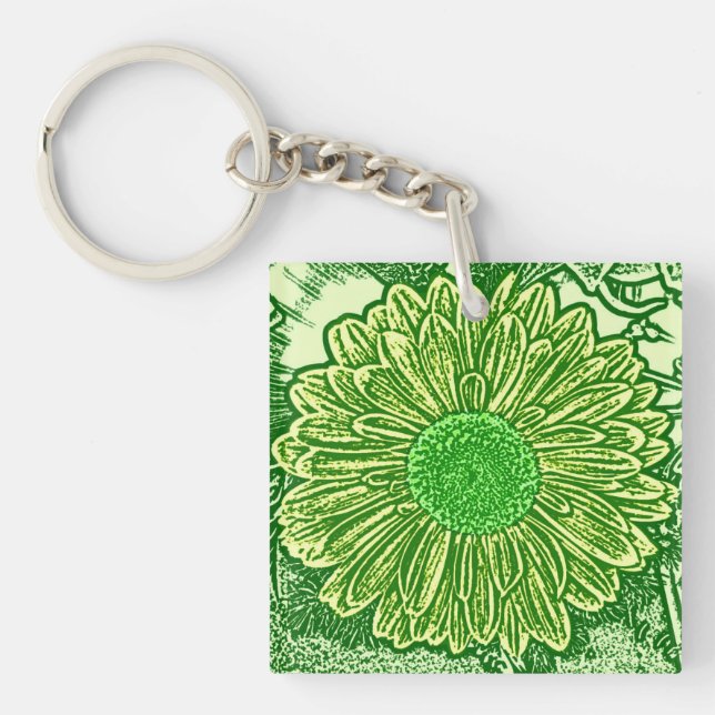 Gerbera Daisy Block Print - lime green Key Ring (Front)