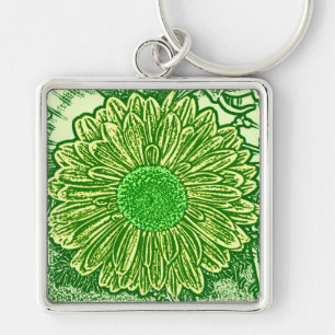 Gerbera Daisy Block Print - lime green Key Ring