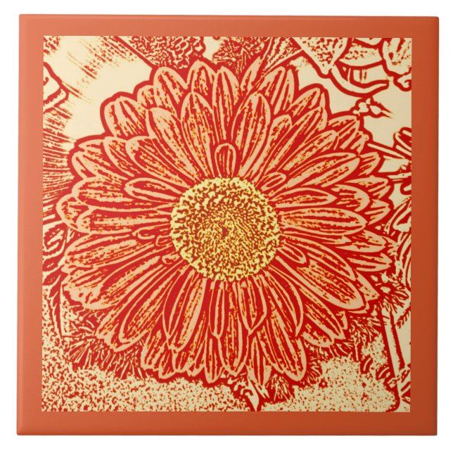 Gerbera Daisy Block Print, Mandarin Orange Ceramic Tile (Front)