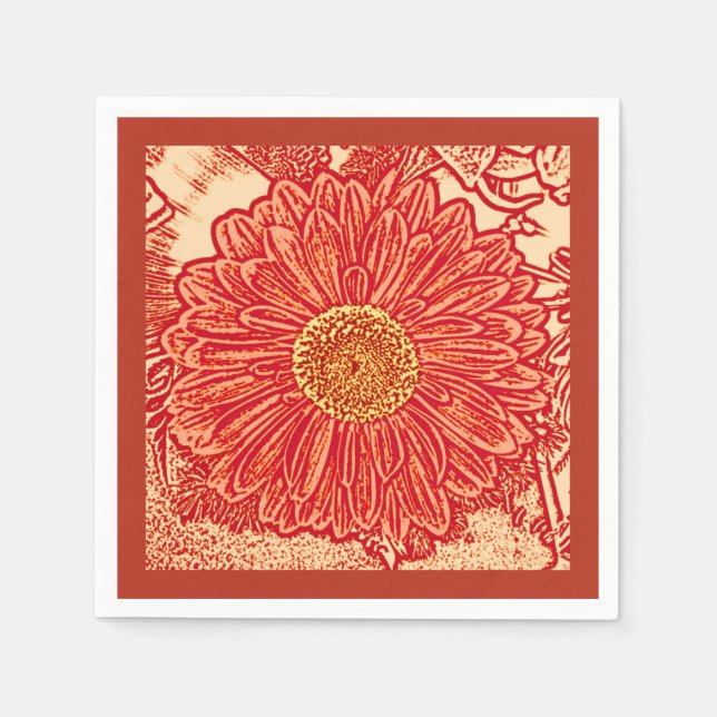 Gerbera Daisy Block Print, Mandarin Orange Napkin (Front)