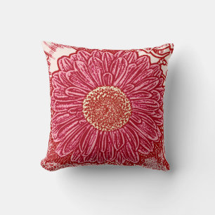 Gerbera Daisy Block Print - maroon and pink Cushion