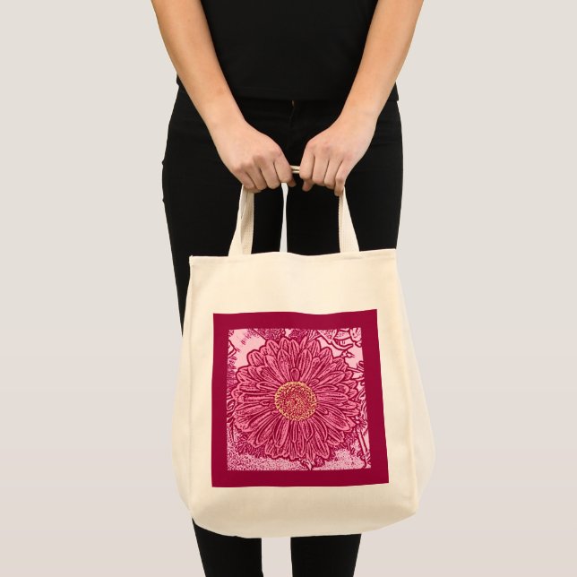 Gerbera Daisy Block Print, Maroon and Pink Tote Bag (Front (Product))
