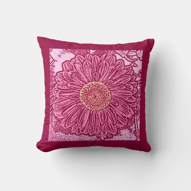 Gerbera Daisy Block Print, Maroon & Pastel Pink Cushion (Front)