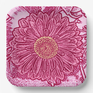 Gerbera Daisy Block Print, Maroon & Pastel Pink Paper Plate