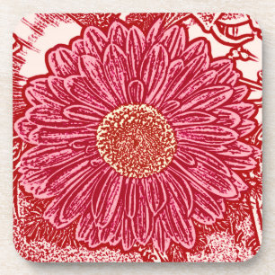 Gerbera Daisy Block Print - red and pink Coaster