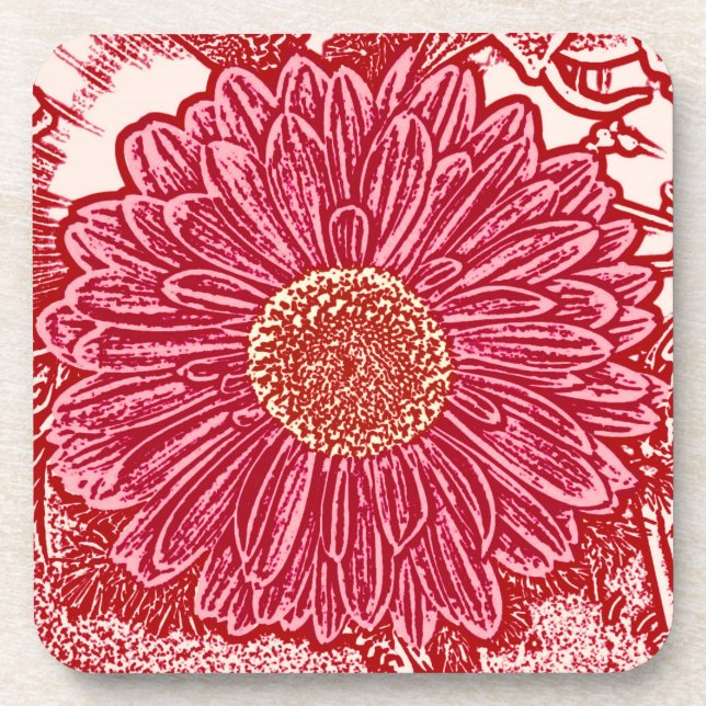 Gerbera Daisy Block Print - red and pink Coaster (Front)