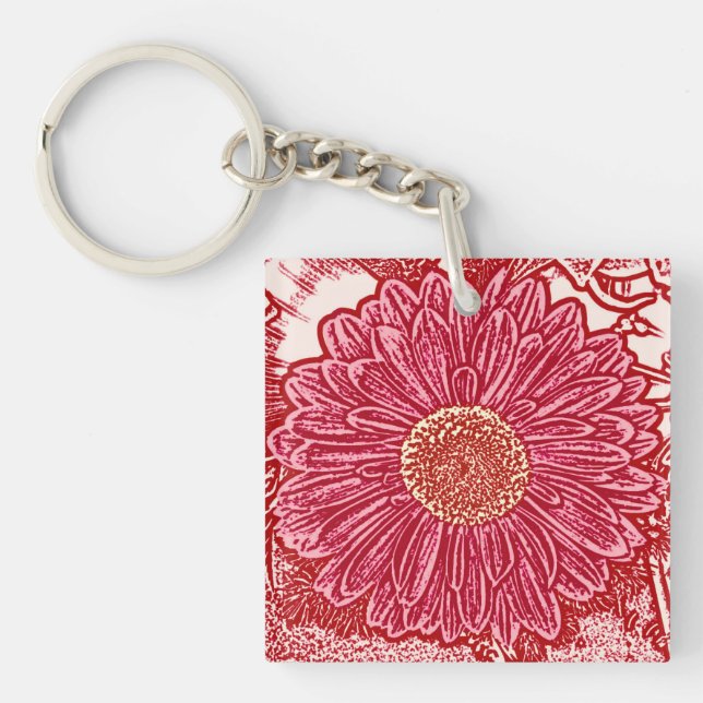 Gerbera Daisy Block Print - red and pink Key Ring (Front)