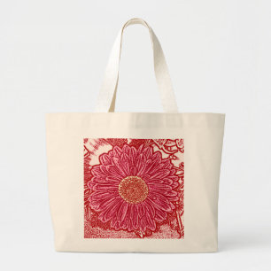 Gerbera Daisy Block Print - red and pink Large Tote Bag