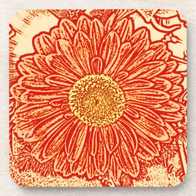 Gerbera Daisy Block Print - saffron orange Coaster (Front)