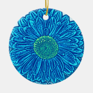Gerbera Daisy Block Print - sea blue Ceramic Ornament