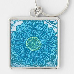 Gerbera Daisy Block Print - sea blue Key Ring
