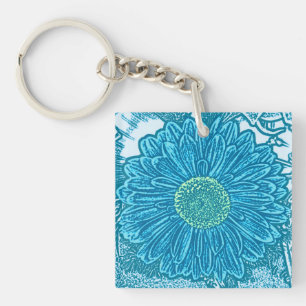Gerbera Daisy Block Print - sea blue Key Ring
