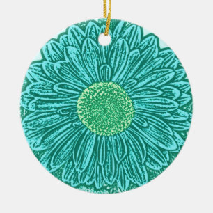 Gerbera Daisy Block Print - shades of aqua Ceramic Ornament