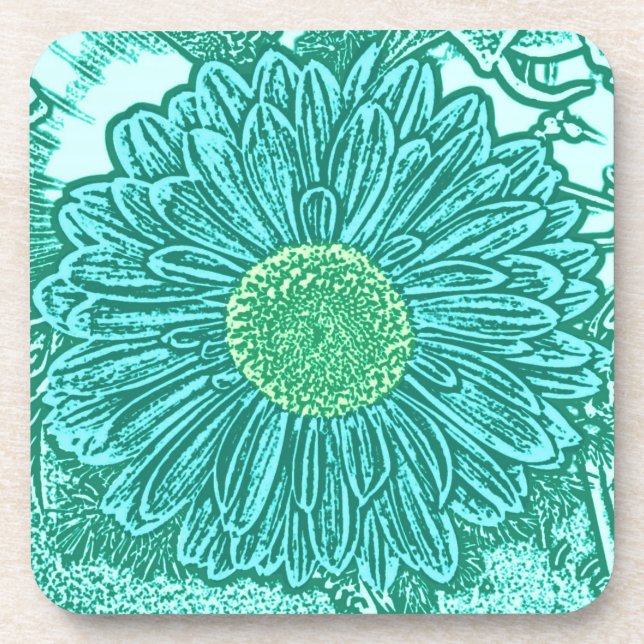 Gerbera Daisy Block Print - shades of aqua Coaster (Front)