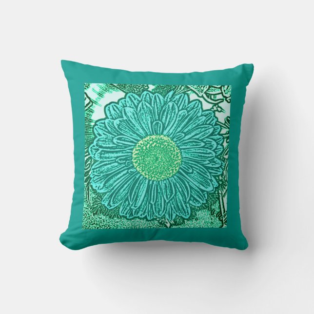 Gerbera Daisy Block Print - shades of aqua Cushion (Front)