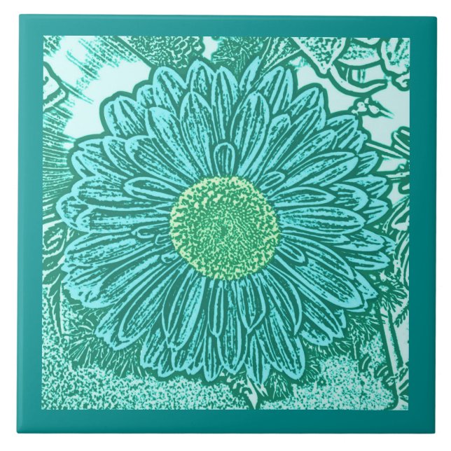 Gerbera Daisy Block Print, Turquoise and Aqua  Ceramic Tile (Front)