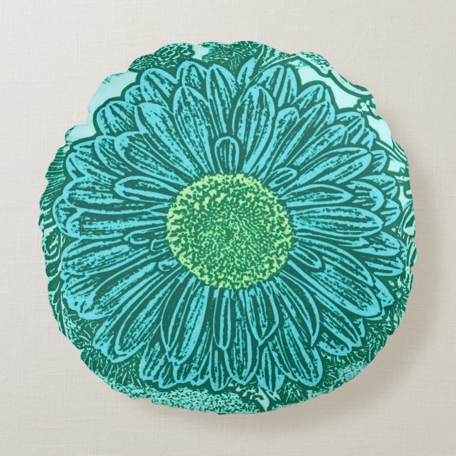 Gerbera Daisy Block Print, Turquoise and Aqua Round Cushion (Front)