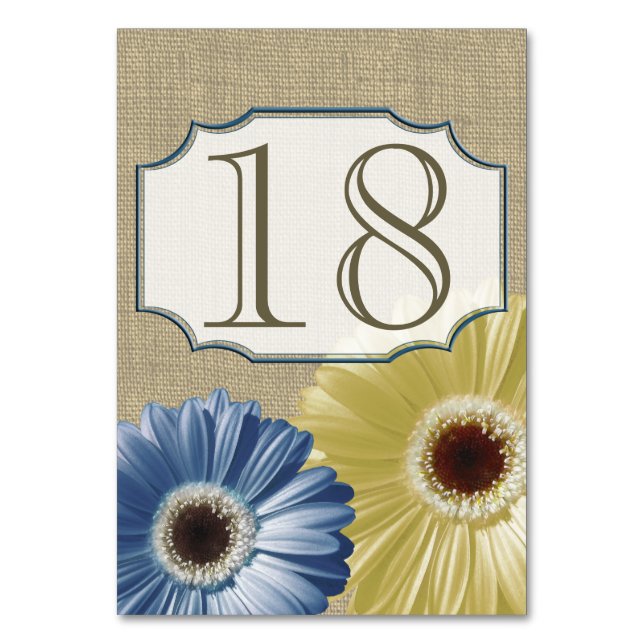 Gerbera Daisy Blue and Yellow Number Table Number (Front)