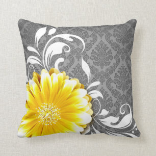 Gerbera Daisy Fancy Damask   grey yellow white Cushion