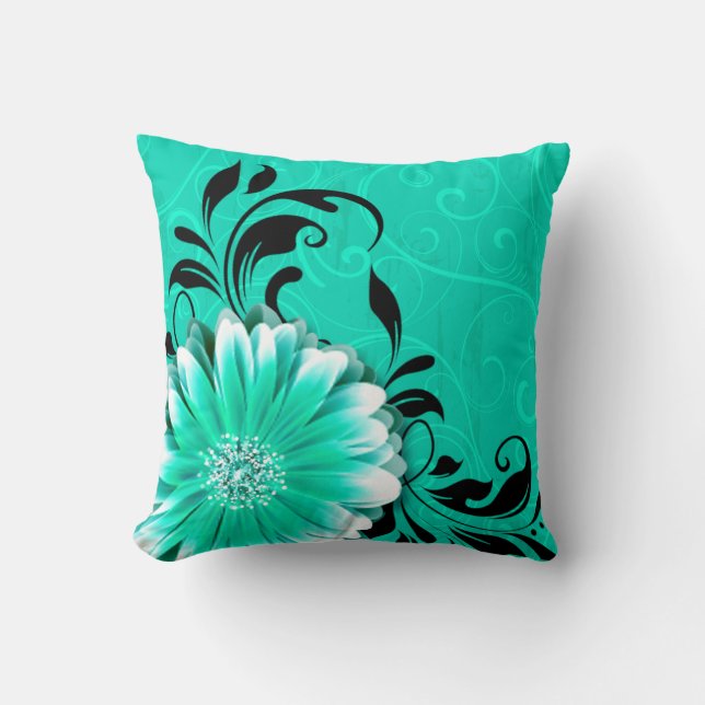 Gerbera Daisy Fancy Scroll | mint green black Cushion (Front)