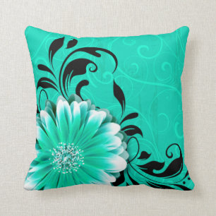 Gerbera Daisy Fancy Scroll   mint green black Cushion