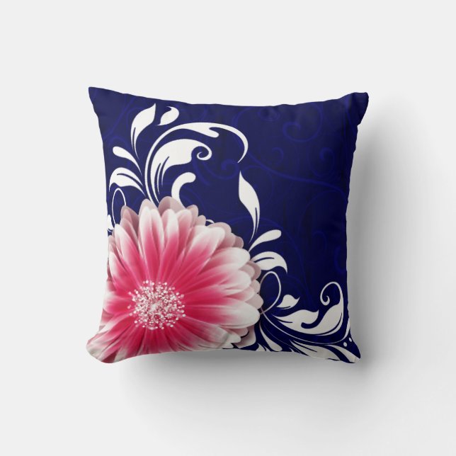 Gerbera Daisy Fancy Scroll | navy fuchsia Cushion (Front)