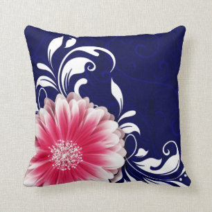 Gerbera Daisy Fancy Scroll navy fuchsia Cushion