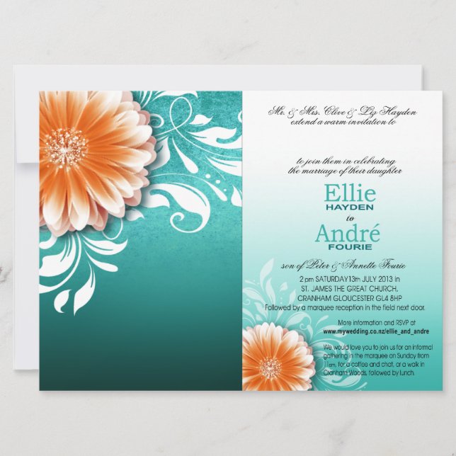 Gerbera Daisy Orange Aqua Pocket Cover Invitation (Front)