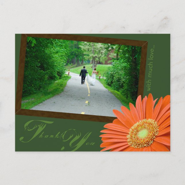 Gerbera Daisy Orange Muted Green Thank You Wedding Postcard (Front)